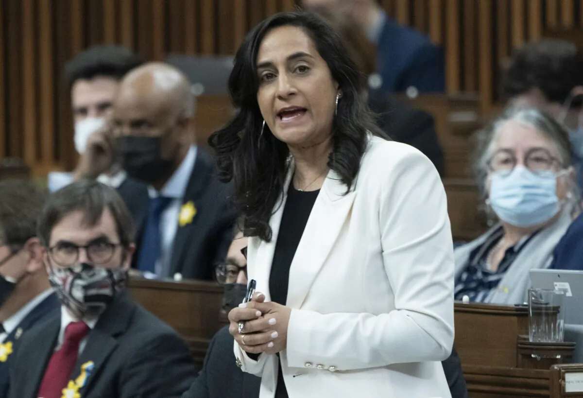 Defence Minister Anita Anand rises during question period in the House of Commons in Ottawa on April 5, 2022. (The Canadian Press/Adrian Wyld)