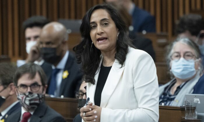 Defence Minister Anita Anand rises during question period in the House of Commons in Ottawa on April 5, 2022. (The Canadian Press/Adrian Wyld)