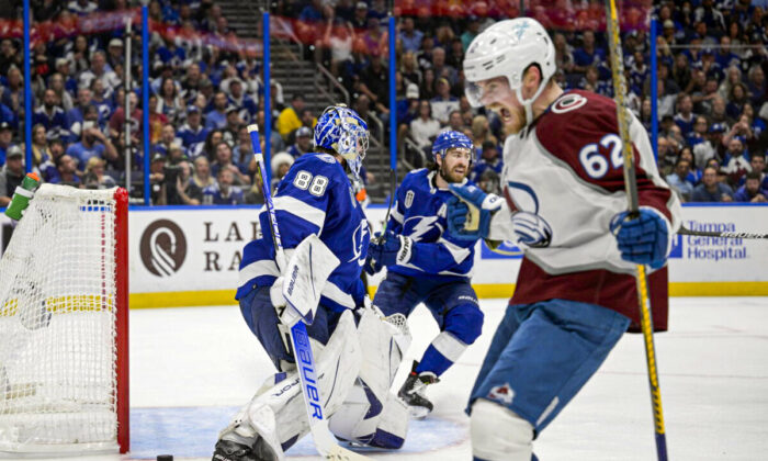 Colorado Avalanche left wing Artturi Lehkonen (62) reacts after scoring on Tampa Bay Lightning goaltender Andrei Vasilevskiy (88) during the second period of Game 6 of the NHL hockey Stanley Cup Finals in Tampa, Fla., on June 26, 2022. (AP Photo/Phelan Ebenhack)