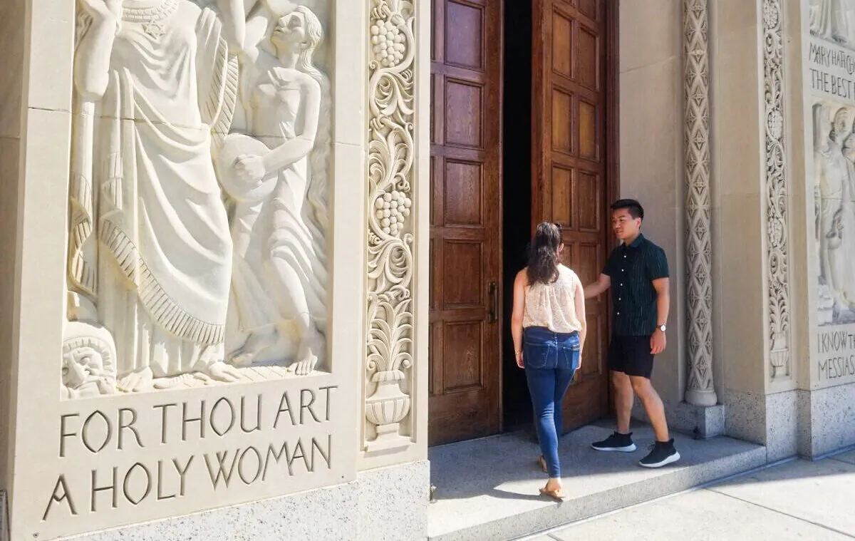 People enter the Basilica of the National Shrine of the Immaculate Conception in Washington on June 26, 2022. (Nathan Worcester/The Epoch Times)