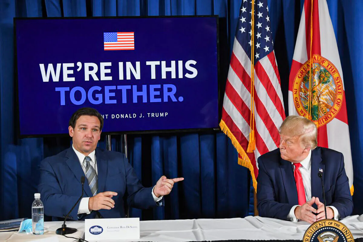 Then-President Donald Trump and Florida's Gov. Ron DeSantis hold a COVID-19 and storm preparedness roundtable in Belleair, Fla., on July 31, 2020. (SAUL LOEB/AFP via Getty Images)