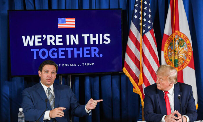 Then-President Donald Trump and Florida's Gov. Ron DeSantis hold a COVID-19 and storm preparedness roundtable in Belleair, Fla., on July 31, 2020. (Saul Loeb/AFP via Getty Images)