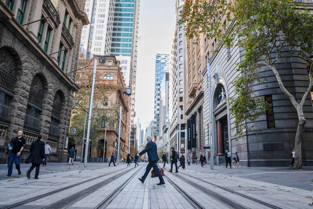 A general view is seen as a businessman crosses George street at in Sydney, Australia, on June 1, 2020. (Mark Kolbe/Getty Images)