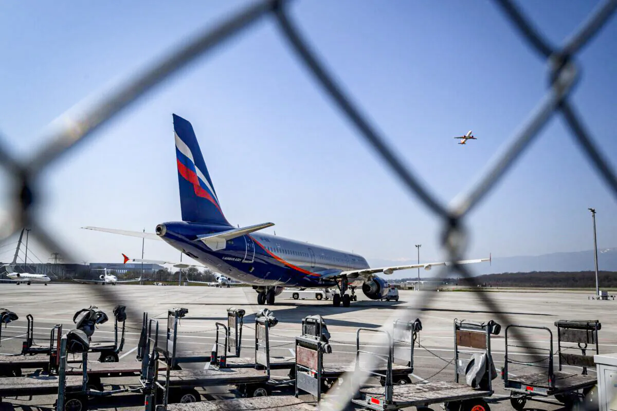 An Airbus A321-211 aircraft of Russian airline Aeroflot with registration VP-BOE is seen in the long term parking for planes of Geneva Airport on March 25, 2022.  (FABRICE COFFRINI/AFP via Getty Images)