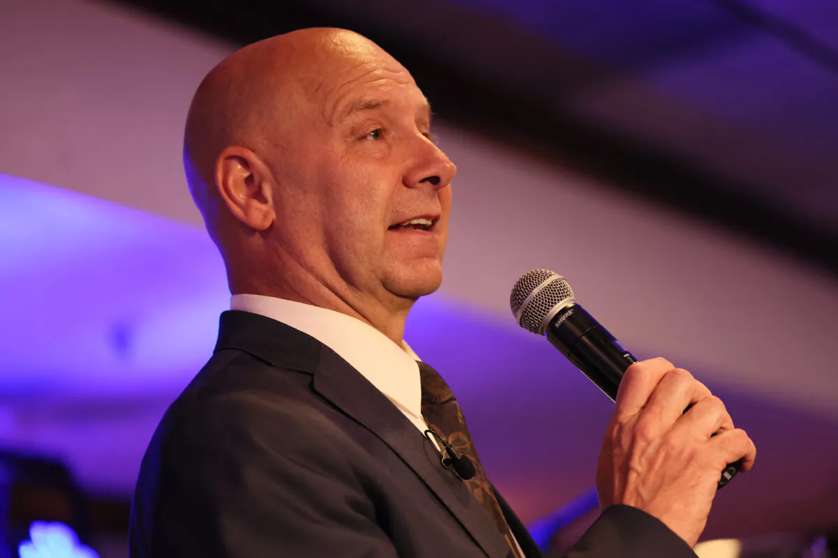 Republican gubernatorial candidate Doug Mastriano gives a victory speech at his election-night party at The Orchards in Chambersburg, Pennsylvaniaon on May 17, 2022. (Michael M. Santiago/Getty Images)