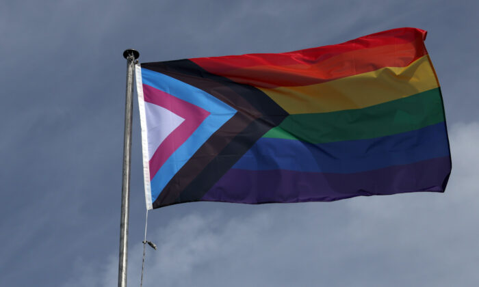 A Pride flag above the Grand Stand during day five of the cinch Championships at The Queen's Club in London on June 17, 2022. (Luke Walker/Getty Images for LTA)