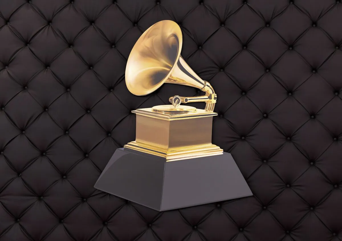 The famous gold gramophone best known as the Grammy logo on a backdrop as the celebrity arrival area is being set up ahead of the 62nd Annual Grammy awards at LA Live in Los Angeles on Jan. 24, 2020. (Valerie Macon/AFP via Getty Images)