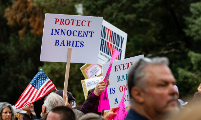 Pro-life demostrators gather at the California state capital building on April 19, 2022. (John Fredricks/The Epoch Times)