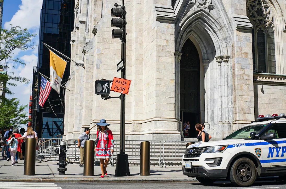Fencing and Police guard Saint Patrick's Cathedral in New York on Jun. 24, 2022. (Enrico Trigoso/The Epoch Times)