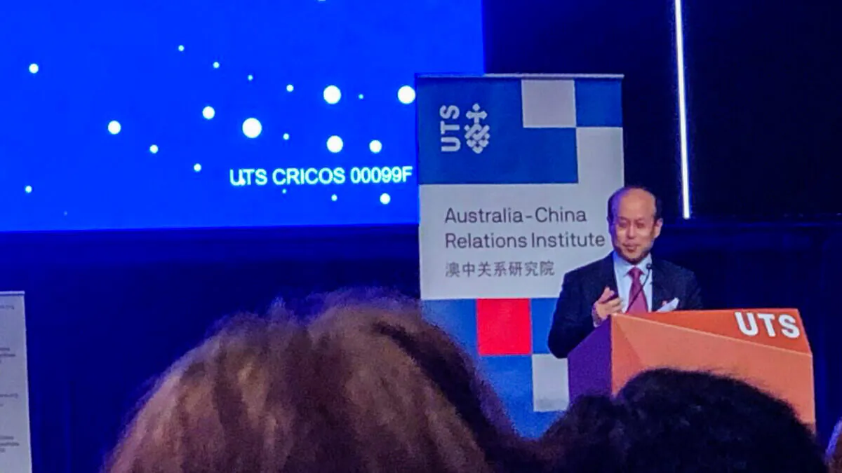 Chinese ambassador Xiao Qian gave a speech at UTS in Sydney, Australia, on June 24, 2022. (The Epoch Times)