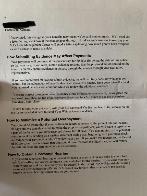 Page 2 of the unsigned letter received by Angel and Kenneth Harrelson from the "Director Regional Office" "informing them that their Veterans Benefits are being suspended due to 38 U.S. Code § 6105 - Forfeiture for subversive activities, which requires that an individual be "convicted" of a listed crime, not "indicted." 