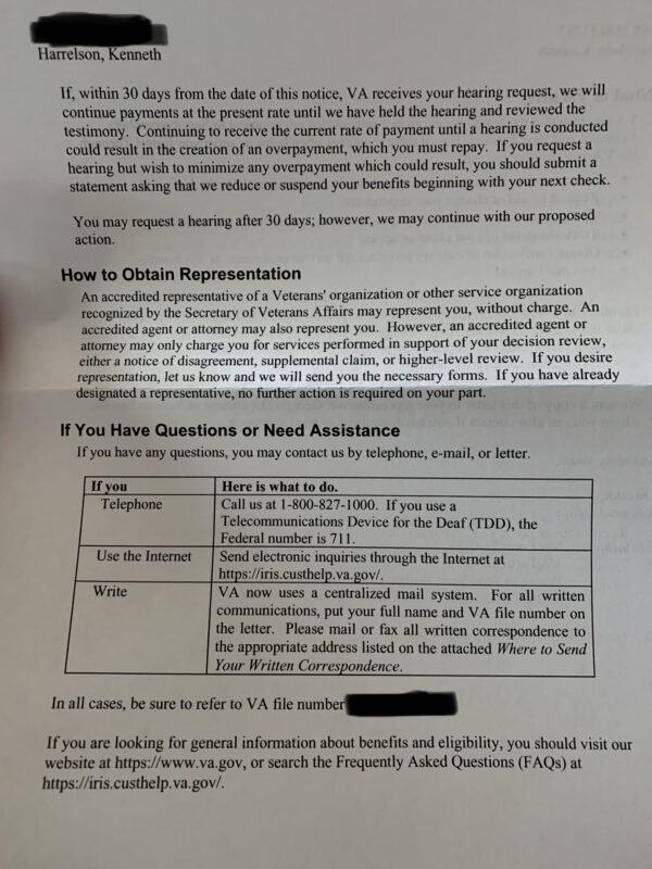 Page 3 of the unsigned letter received by Angel and Kenneth Harrelson from the "Director Regional Office" "informing them that their Veterans Benefits are being suspended due to 38 U.S. Code § 6105 - Forfeiture for subversive activities, which requires that an individual be "convicted" of a listed crime, not "indicted."