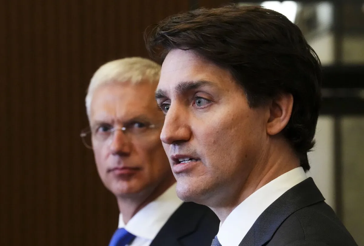 Prime Minister Justin Trudeau takes part in a joint press conference with Latvian Prime Minister Krisjanis Karins on Parliament Hill in Ottawa on May 12, 2022. (The Canadian Press/Sean Kilpatrick)