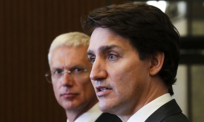 Prime Minister Justin Trudeau takes part in a joint press conference with Latvian Prime Minister Krisjanis Karins on Parliament Hill in Ottawa on May 12, 2022. (The Canadian Press/Sean Kilpatrick)