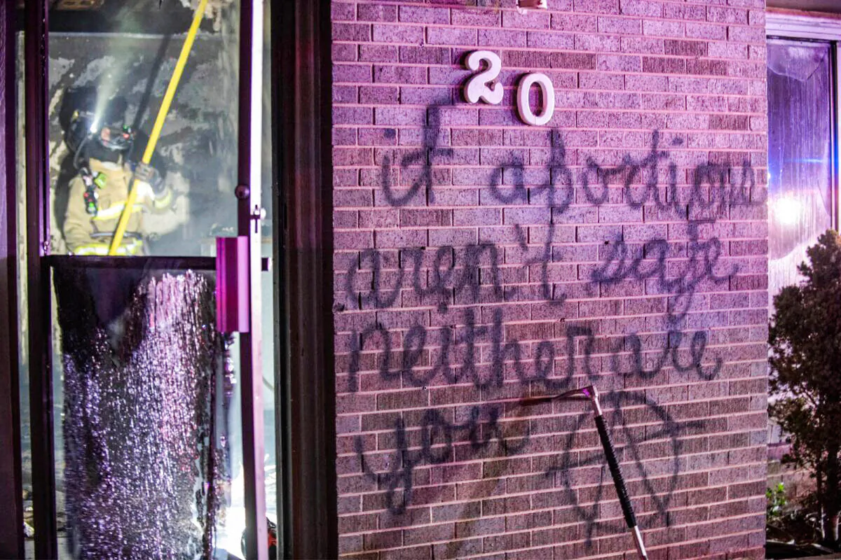 A message written on the wall of a pro-life pregnancy resource center that was set on fire in Longmont, Colo., on June 25, 2022. (Longmont Police Department)