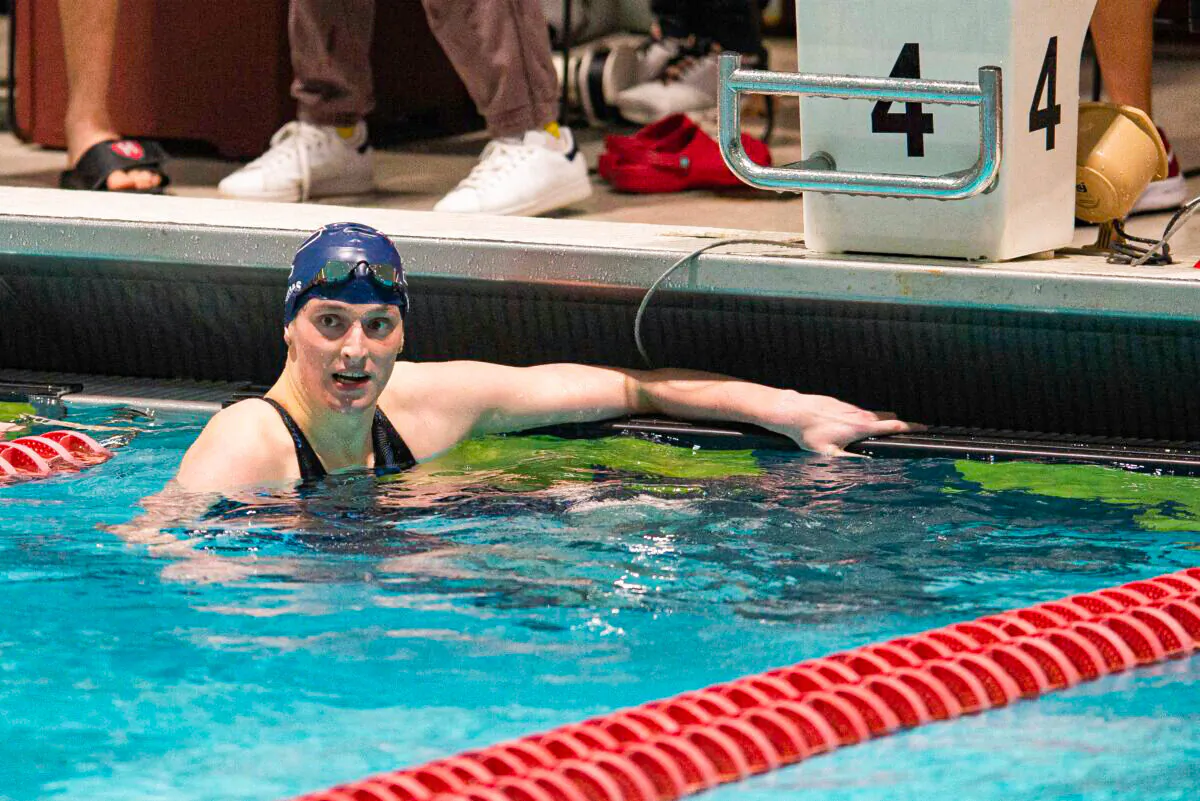 University of Pennsylvania swimmer Lia Thomas looks on after winning the 200 yard freestyle during the 2022 Ivy League Women's Swimming and Diving Championships at Blodgett Pool in Cambridge, Mass., on Feb. 18, 2022. (Kathryn Riley/Getty Images)