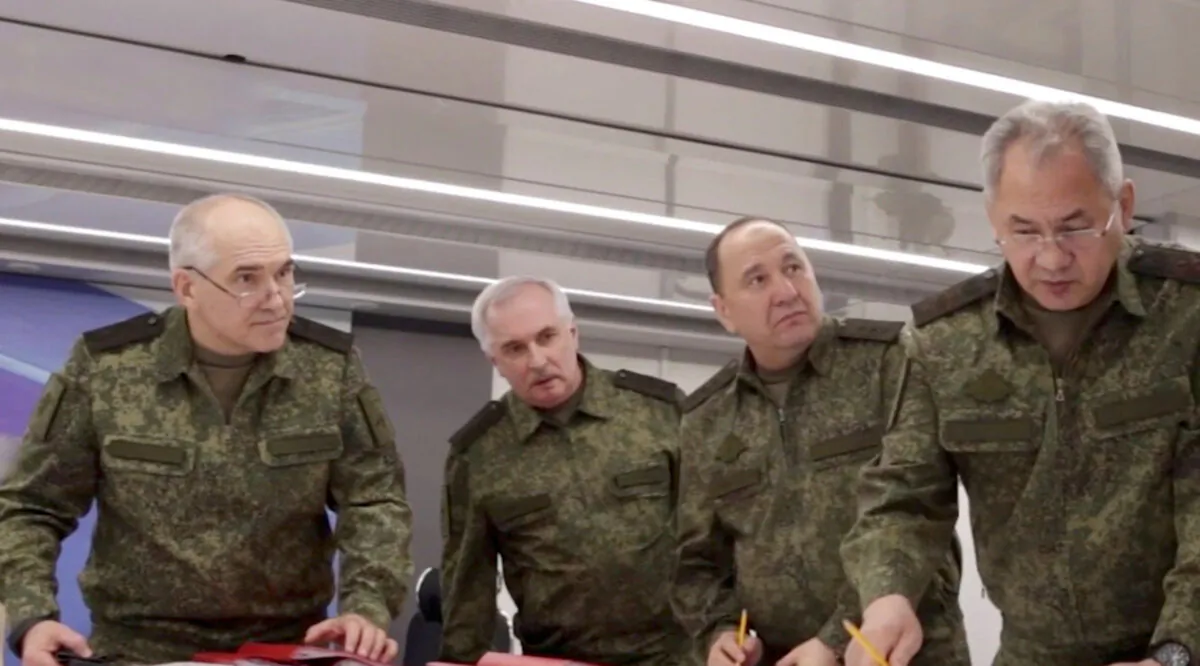 (R–L) Russian Defence Minister Sergei Shoigu, Deputy Defence Minister Colonel General Gennady Zhidko, Chief of the Main personnel directorate of the Russian Defence Ministry Colonel General Viktor Goremykin, Chief of the Main operational directorate of the General Staff of the Russian Armed Forces Colonel General Sergei Rudskoy, are seen at a command post during an inspection of Russian troop units engaged in Ukraine-Russia conflict, in an unknown location, in this still image taken from video released on June 26, 2022. (Russian Defence Ministry/Handout via Reuters)