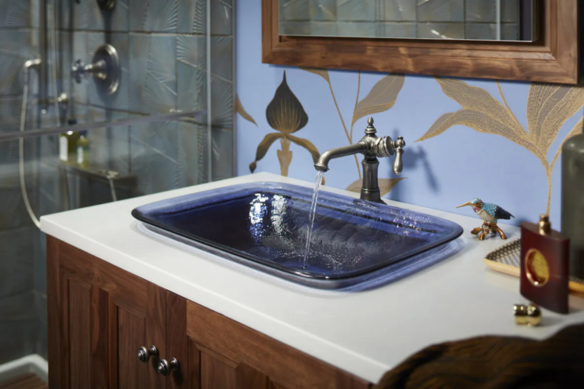 Decorative pressed glass vessel sinks are not only a strong practical choice, they can also be an artistic focal point for many bathrooms. (Kohler/TNS)