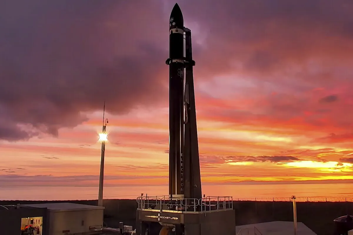 Rocket Lab's Electron rocket waits on the launch pad on the Mahia peninsula in New Zealand on June 28, 2022. (Rocket Lab via AP)