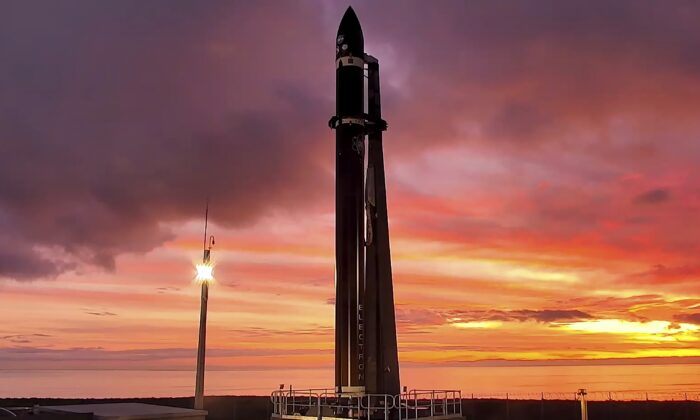 Rocket Lab's Electron rocket waits on the launch pad on the Mahia peninsula in New Zealand on June 28, 2022. (Rocket Lab via AP)