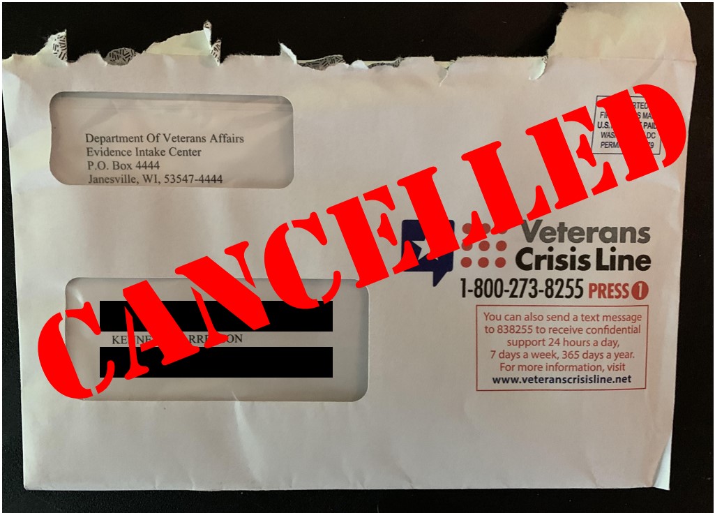 Envelope containing a four-page letter informing Kenneth and Angel Harreslson that, because of information sent to them from the Department of Justice, the Veterans Administration has decided to suspend all of Kenneth's veterans benefits and of September 1, 2022.
