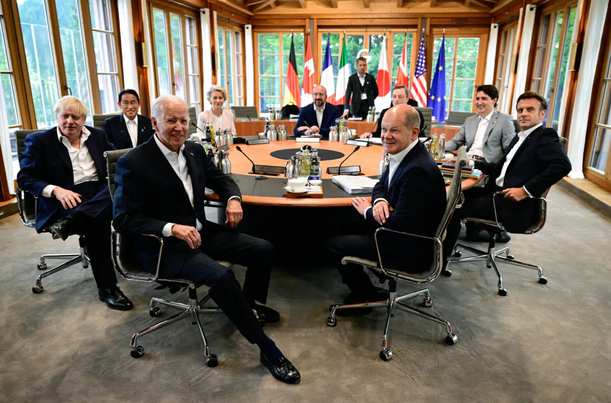 (L-R) British Prime Minister Boris Johnson, Japanese Prime Minister Fumio Kishida, the President of the European Commission Ursula von der Leyen, European Council President Charles Michel, Italian Prime Minister Mario Draghi, Canadian Prime Minister Justin Trudeau, French President Emmanuel Macron, German Chancellor Olaf Scholz, and U.S. President Joe Biden attend a working session during of the G7 leaders summit at Castle Elmau in Kruen, Germany, on June 28, 2022. (John MacDougall/Pool Photo via AP)