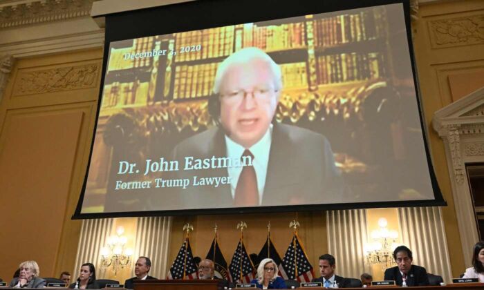 Former lawyer of former President Donald Trump, John Eastman, appears on screen during the House panel investigating the Jan. 6 breach of the U.S. Capitol in the Cannon House Office Building in Washington, on June 21, 2022. (Mandel Ngan/AFP via Getty Images)