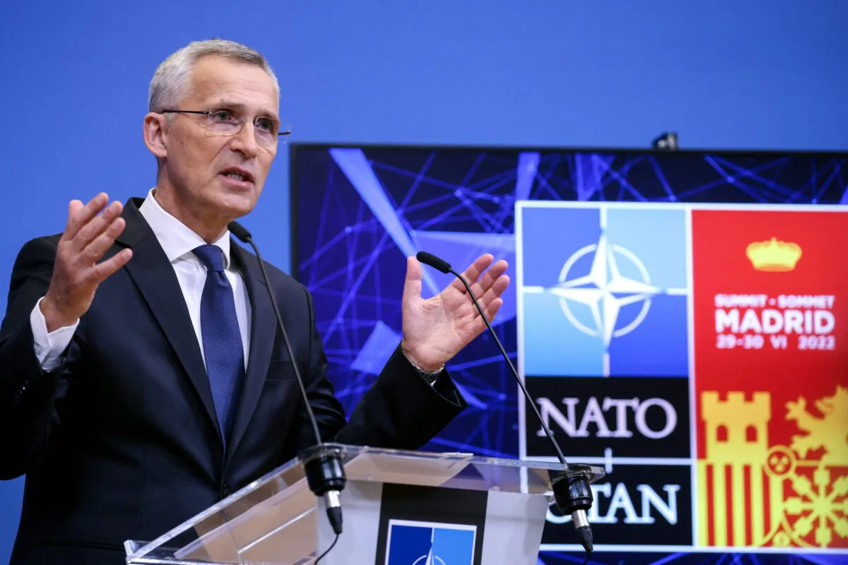 NATO Secretary General Jens Stoltenberg gestures as he speaks during a press conference to preview the NATO Summit in Madrid at the NATO headquarters in Brussels, Belgium, on June 27, 2022. (KENZO TRIBOUILLARD/AFP via Getty Images)