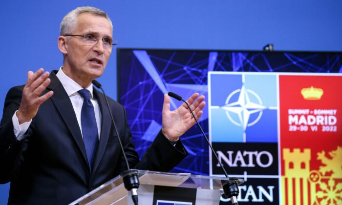 NATO Secretary General Jens Stoltenberg gestures as he speaks during a press conference to preview the NATO Summit in Madrid at the NATO headquarters in Brussels, Belgium, on June 27, 2022. (Kenzo Tribouillard/AFP via Getty Images)