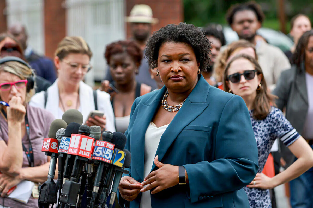 Democratic gubernatorial candidate Stacey Abrams speaks to the media during a press conference at the Israel Baptist Church in Atlanta, Georgia, on May 24, 2022. (Joe Raedle/Getty Images)