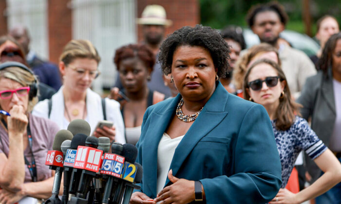 Democratic gubernatorial candidate Stacey Abrams speaks to the media during a press conference at the Israel Baptist Church in Atlanta, Georgia, on May 24, 2022. (Joe Raedle/Getty Images)