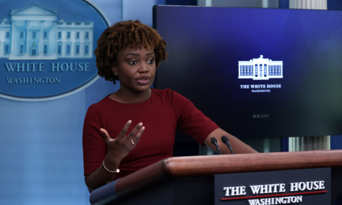 White House Press Secretary Karine Jean-Pierre speaks during a White House daily press briefing at the James S. Brady Press Briefing Room of the White House in Washington on June 15, 2022. (Alex Wong/Getty Images)