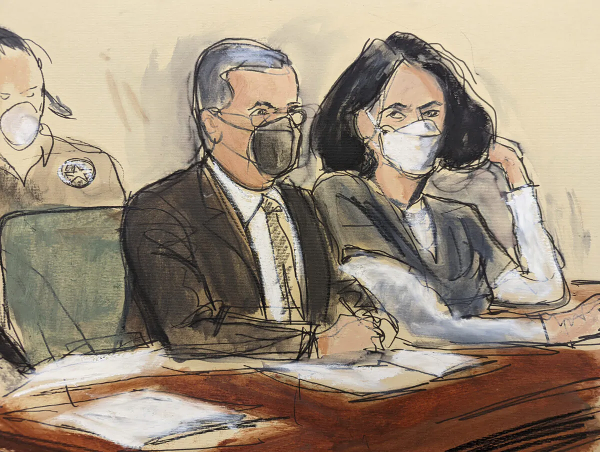 In this courtroom sketch, Ghislaine Maxwell (R) is seated beside her attorney Christian Everdell as they watch the prosecutor speak during her sentencing, on June 28, 2022, in New York. (AP Photo/Elizabeth Williams)