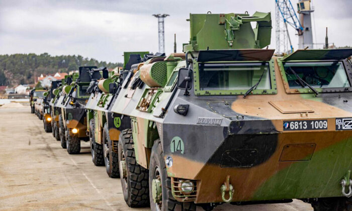 Armoured vehicles of NATO's rapid reaction force brigade in Fredrikstad, Norway, on March 10, 2022. (Geir Olsen/NTB/AFP via Getty Images)