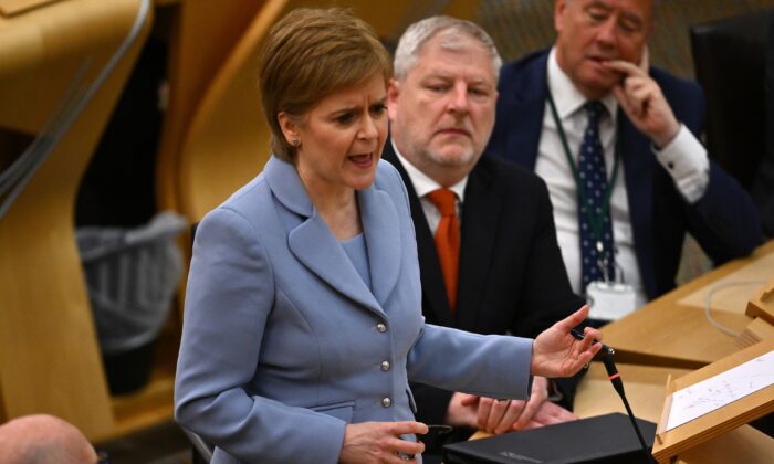Scotland's First Minister Nicola Sturgeon addresses the Scottish Parliament in Edinburgh, on June 28, 2022. (Jeff J Mitchell/Getty Images)