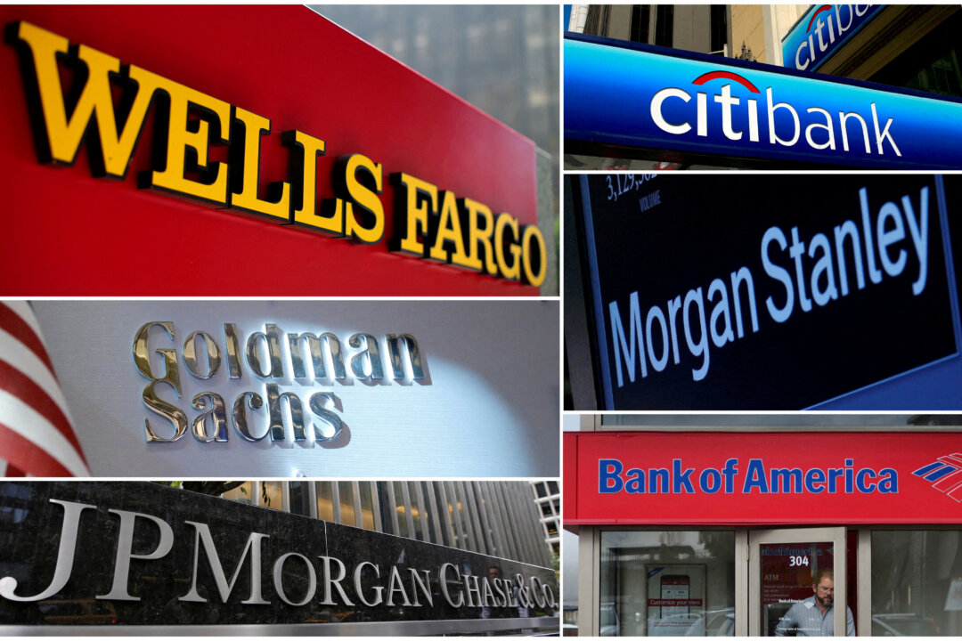 A combination file photo of Wells Fargo, Citigbank, Morgan Stanley, JPMorgan Chase, Bank of America, JPMorgan, and Goldman Sachs from Reuters archive. (Reuters) 
