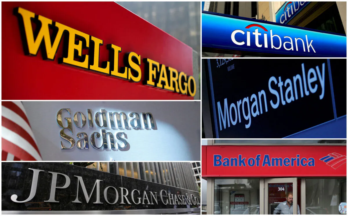 A combination file photo of Wells Fargo, Citigbank, Morgan Stanley, JPMorgan Chase, Bank of America, JPMorgan, and Goldman Sachs from Reuters archive. (Reuters) 