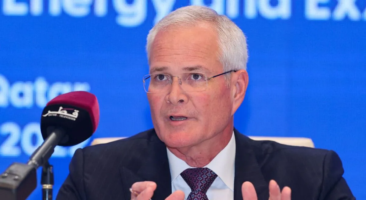 ExxonMobil Chairman and CEO Darren Woods speaks during a press conference in Doha, on June 21, 2022. (Karim Jaafar/AFP via Getty Images)