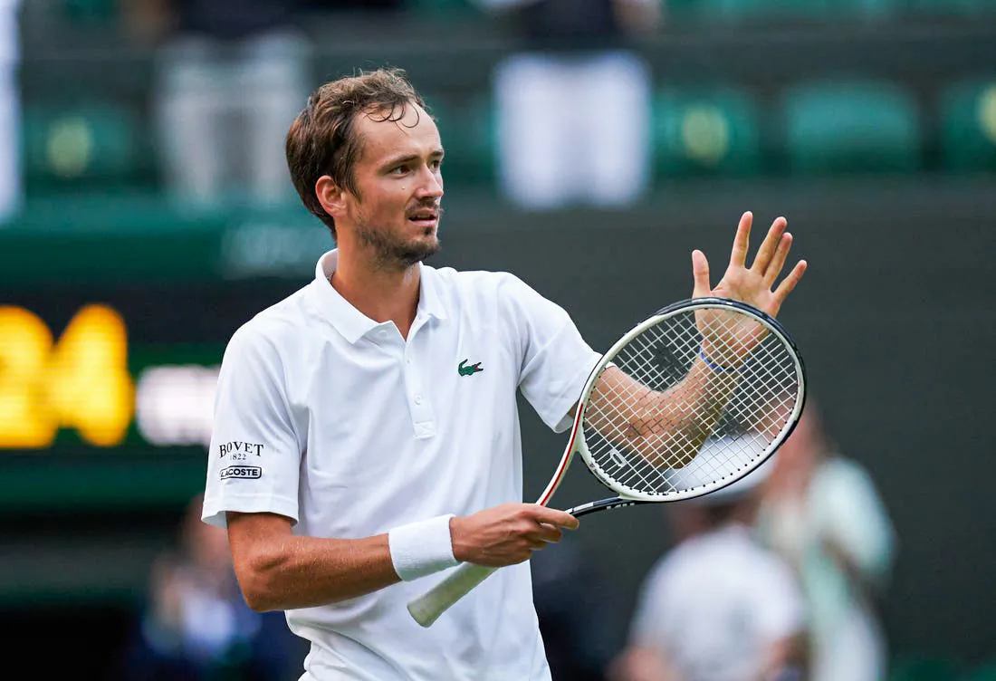 Daniil Medvedev (RUS) celebrating after beating Marin Cilic (CRO) on No 1 court in the men s third round at All England Lawn Tennis and Croquet Club in London on Jul 3, 2021. (Peter van den Berg /USA TODAY Sports via Field Level Media)