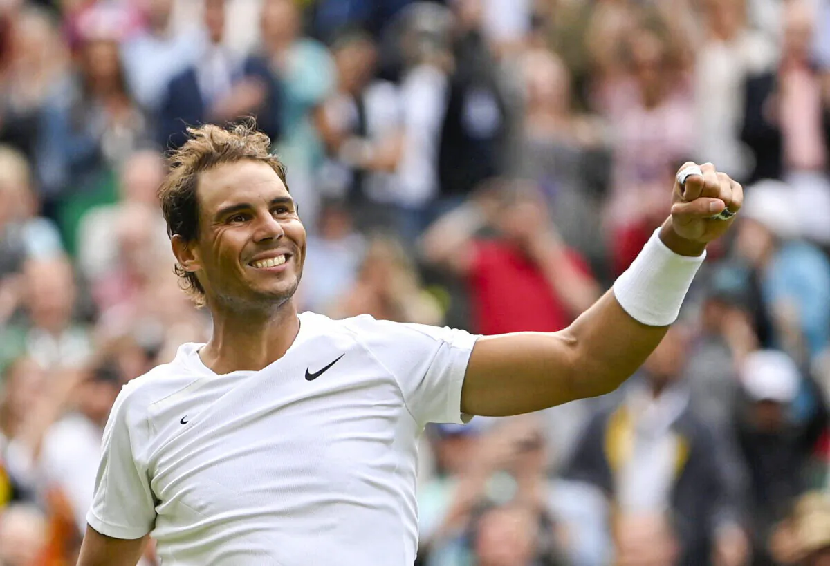 Spain's Rafael Nadal celebrates after winning his first round match against Argentina's Francisco Cerundolo at The Championships Wimbledon 2022 at All England Lawn Tennis and Croquet Club in London on June 28, 2022. (Toby Melville/Reuters)