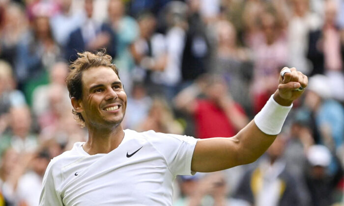 Spain's Rafael Nadal celebrates after winning his first round match against Argentina's Francisco Cerundolo at The Championships Wimbledon 2022 at All England Lawn Tennis and Croquet Club in London on June 28, 2022. (Toby Melville/Reuters)