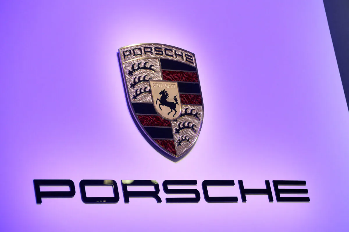 The Porsche logo is seen during the 2020 Porsche 911 Speedster reveal at the 2019 New York International Auto Show in New York, on April 17, 2019. (Brendan McDermid/Reuters)