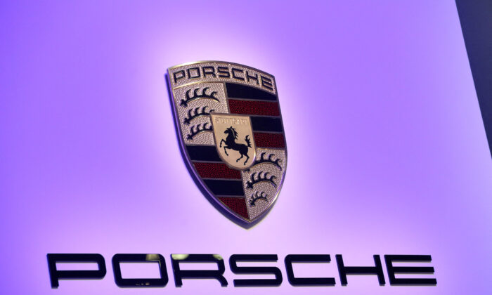 The Porsche logo is seen during the 2020 Porsche 911 Speedster reveal at the 2019 New York International Auto Show in New York, on April 17, 2019. (Brendan McDermid/Reuters)