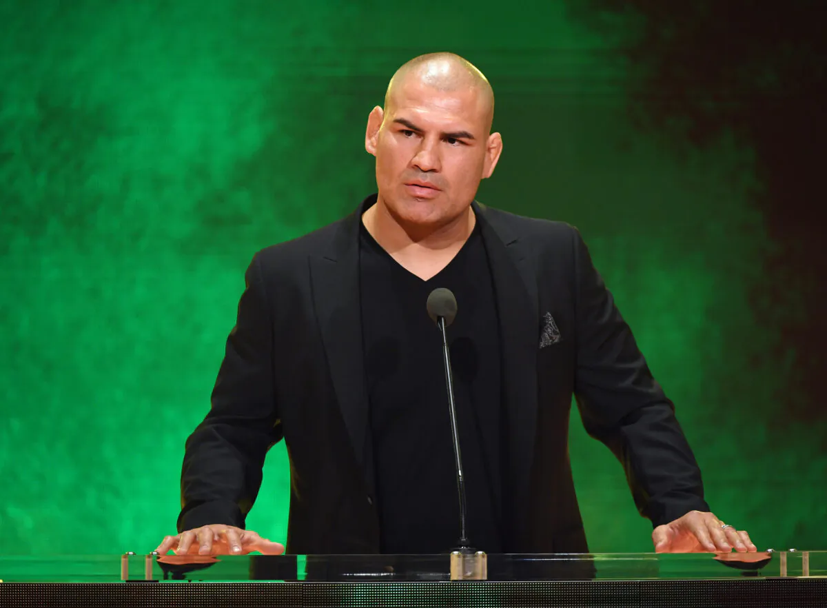 Former UFC heavyweight champion Cain Velasquez speaks at a WWE news conference at T-Mobile Arena in Las Vegas on Oct. 11, 2019. (Ethan Miller/Getty Images)