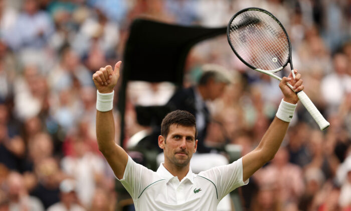 Novak Djokovic of Serbia celebrates winning against Soonwoo Kwon of South Korea during the Men's Singles First Round match during Day One of The Championships Wimbledon 2022 at All England Lawn Tennis and Croquet Club in London on June 27, 2022. (Julian Finney/Getty Images)