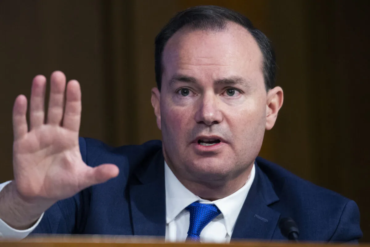Sen. Mike Lee (R-Utah) questions Supreme Court justice nominee Amy Coney Barrett on the second day of her Senate Judiciary Committee confirmation hearing in Washington on Oct. 13, 2020. (Tom Williams/Getty Images)
