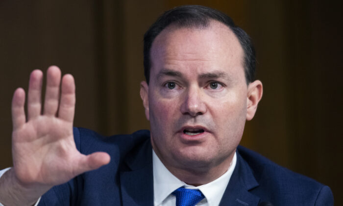 Sen. Mike Lee (R-Utah) questions Supreme Court justice nominee Amy Coney Barrett on the second day of her Senate Judiciary Committee confirmation hearing in Washington on Oct. 13, 2020. (Tom Williams/Getty Images)