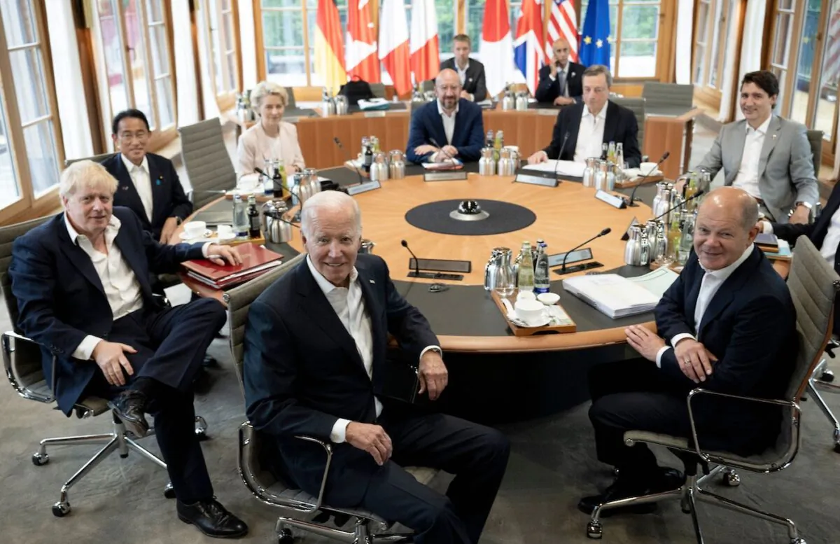 U.S. President Joe Biden, German Chancellor Olaf Scholz, Canadian Prime Minister Justin Trudeau, Italian Prime Minister Mario Draghi, European Council President Charles Michel, President of the European Commission Ursula von der Leyen, Japanese Prime Minister Fumio Kishida and British Prime Minister Boris Johnson during the G-7 summit in Germany on June 28, 2022. (Brendan Smialowski/AFP via Getty Images)