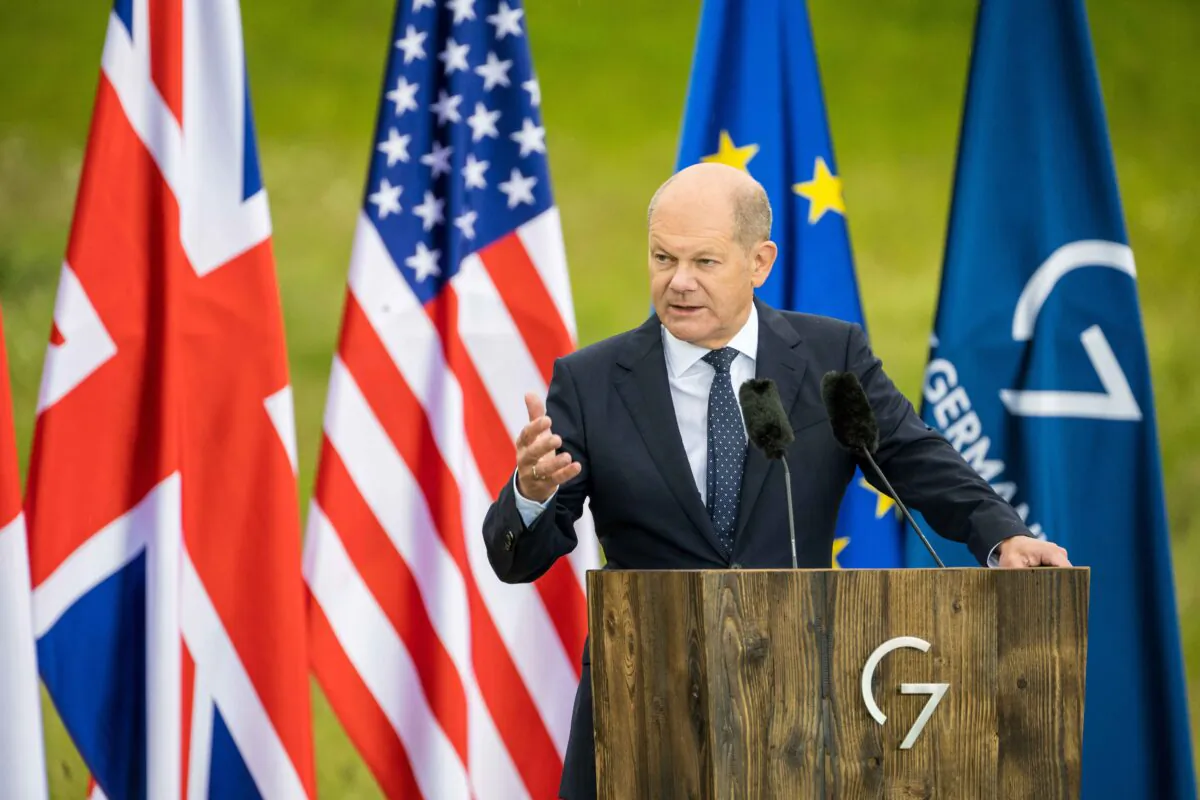 German Chancellor Olaf Scholz speaks to the media at the last day of the three-day G7 summit at Schloss Elmau, near Garmisch-Partenkirchen, Germany, on June 27, 2022. ( Thomas Lohnes/Getty Images)