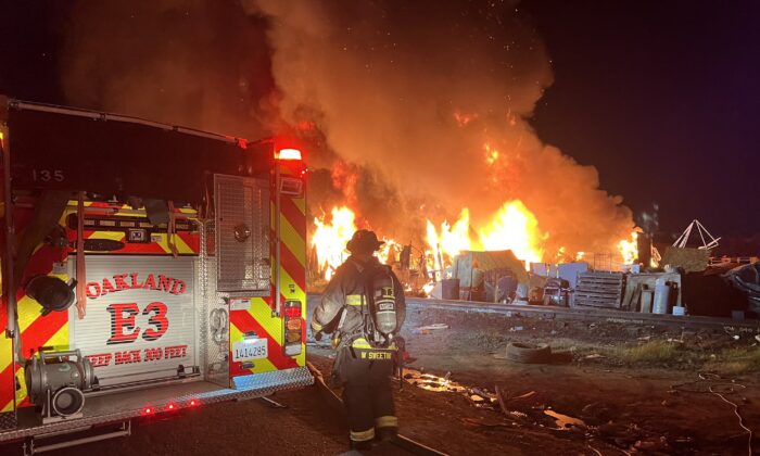 Oakland firefighters responding to a fire on Wood Street in Oakland, California on March 1, 2022 (Courtesy Oakland Fire Department)